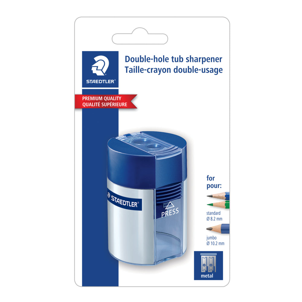 Taille-crayon Staedtler en métal de qualité supérieure avec récipient rond - 2 trous - Argent et bleu - 1 paquet