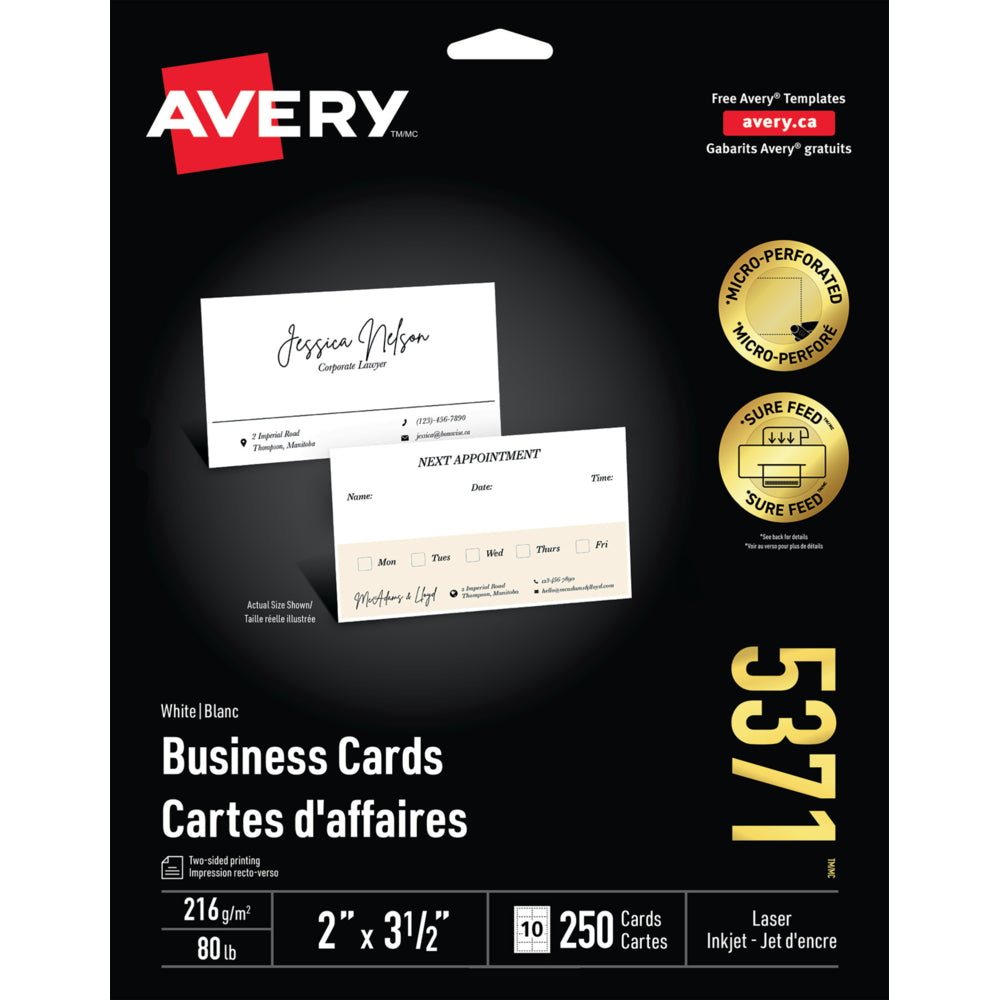 Cartes de visite Avery avec technologie Sure Feed pour imprimantes laser et jet d'encre - Microperforées - 2" x 3 1/2"