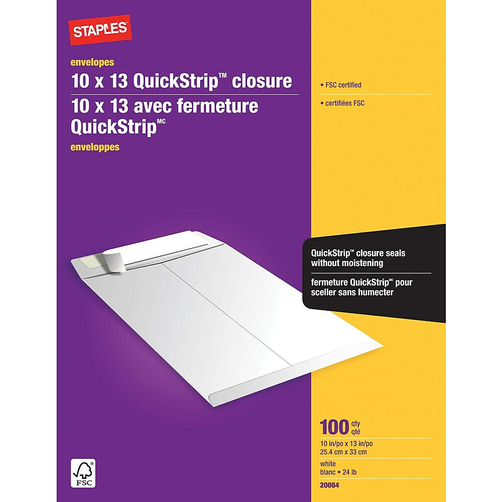 Staples Catalogue Envelopes with QuickStrip Flap - 10" x 13" - White - 100 Pack