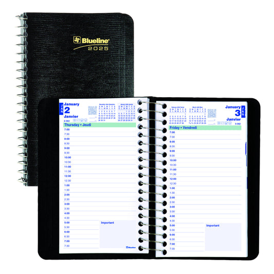 Blueline 2025 Daily Planner Spiral Binding Soft Lizard-Like Cover - 6" x 3-1/2" - Black - Bilingual