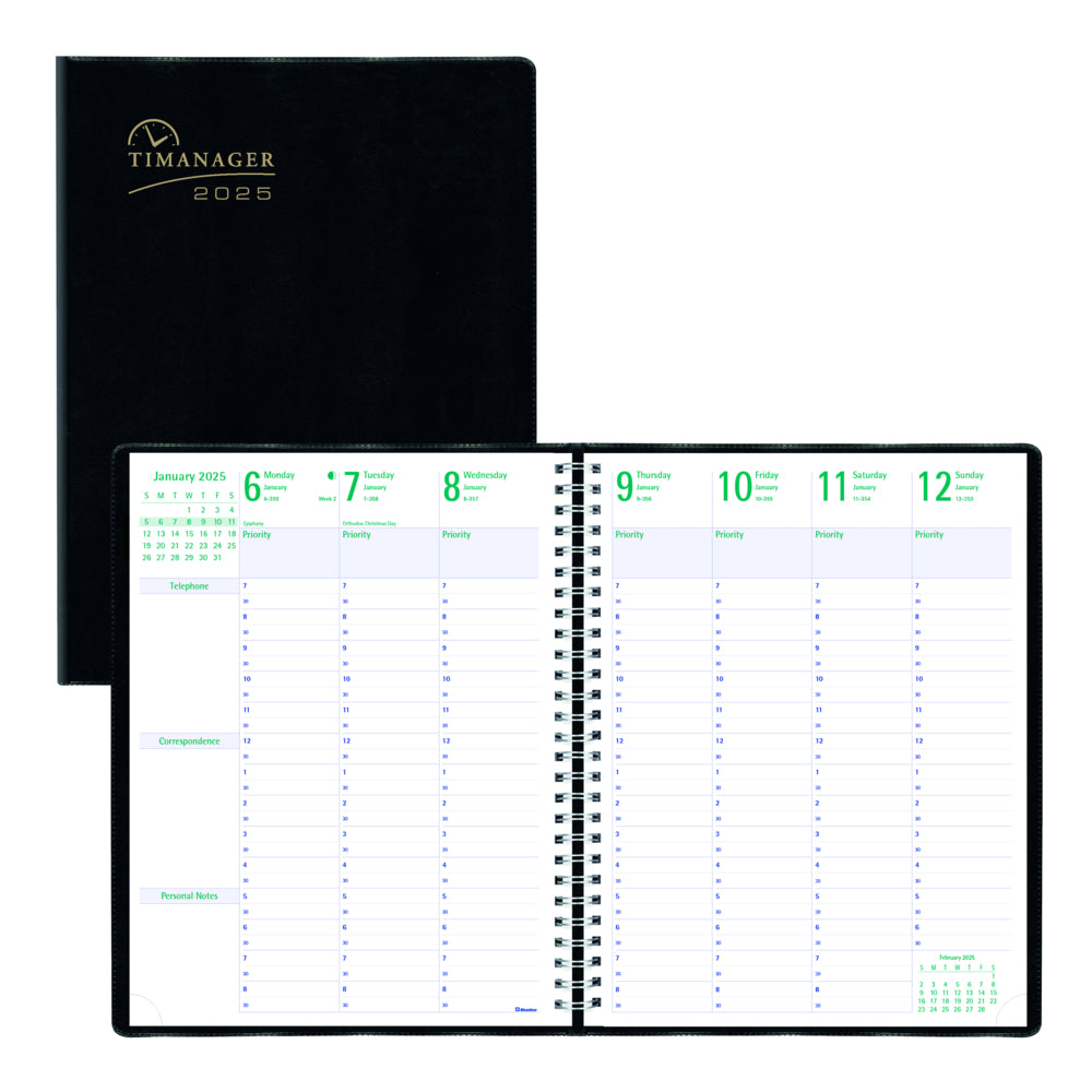 Agenda hebdomadaire/mensuel Blueline 2025 Timanager 7 jours 13 mois - 28 x 21 cm - Noir - Anglais