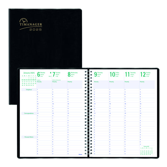 Blueline 2025 Timanager Weekly/Monthly Planner 7-Day 13 Months - 11" x 8-1/2" - Black - English