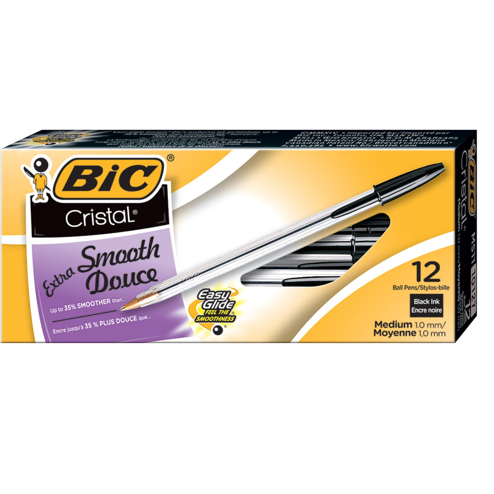 BIC Cristal Extra Smooth Ballpoint Pen - Medium Point (1.0mm) - Black - 12 Pack