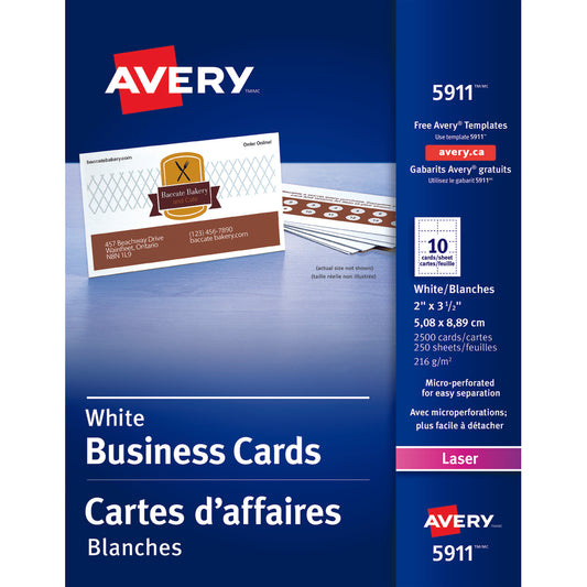 Cartes de visite de qualité supérieure Avery 2" x 3 1/2", pour imprimantes laser - Blanc - paquet de 2500