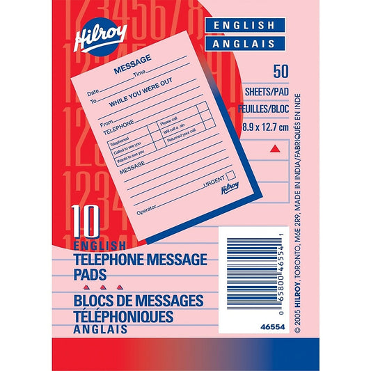 Hilroy Telephone Message Pads, 3-1/2" x 5", 50 Sheets, English, 10 Pack