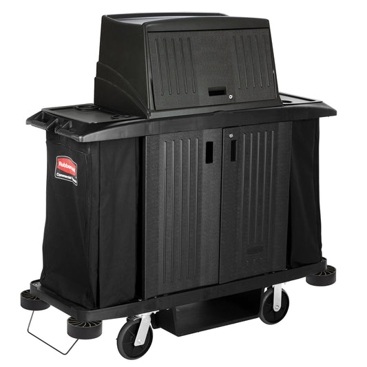 Chariot de ménage Rubbermaid Commercial pleine grandeur avec capot et portes - Noir