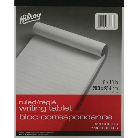 Tablettes d'écriture Hilroy, 20,3 x 25,4 cm, lignées, blanches, 100 feuilles