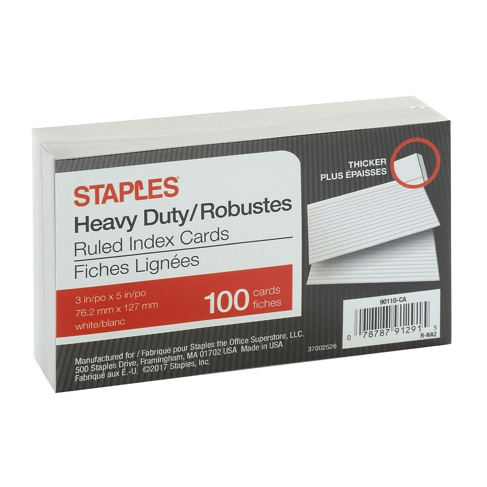 Staples Heavy Duty Ruled Index Cards - 3" x 5" - White - 100 Pack