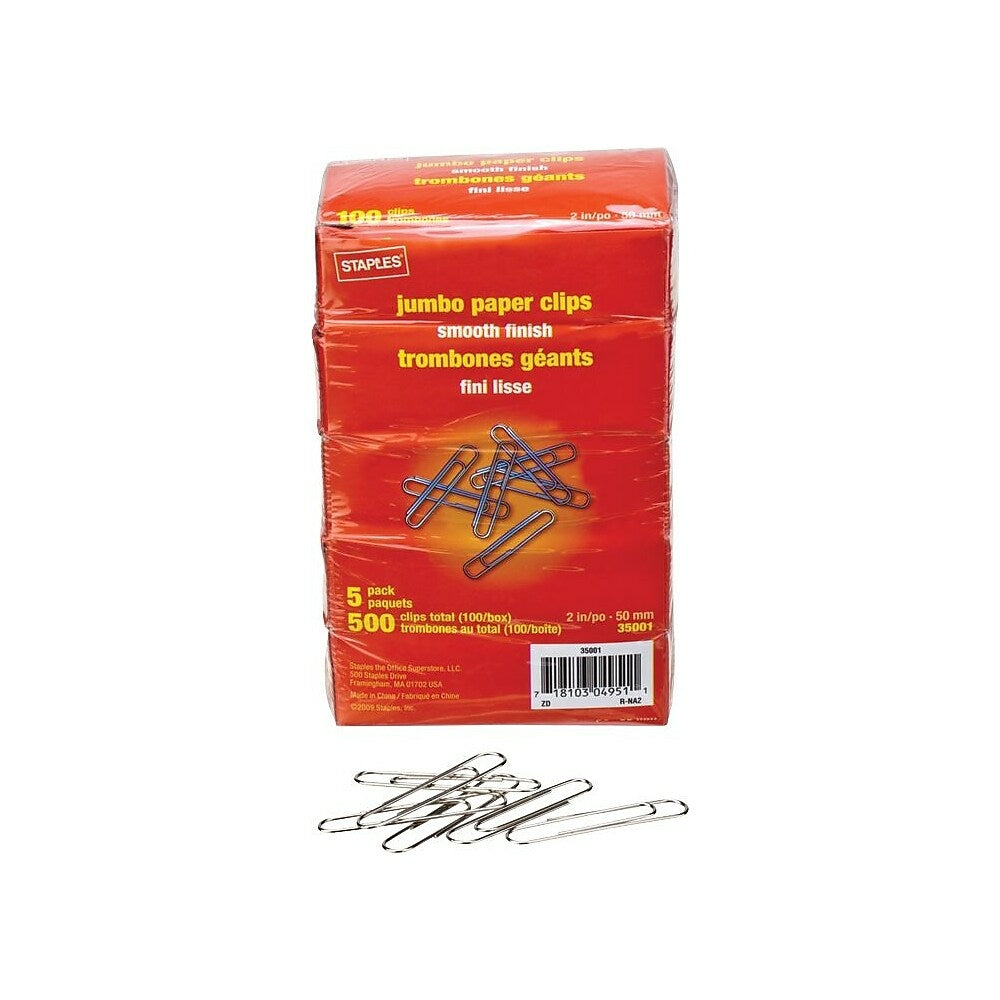 Trombones géants Staples - Numéro 4 - Finition lisse - 100 trombones par boîte - Paquet de 5