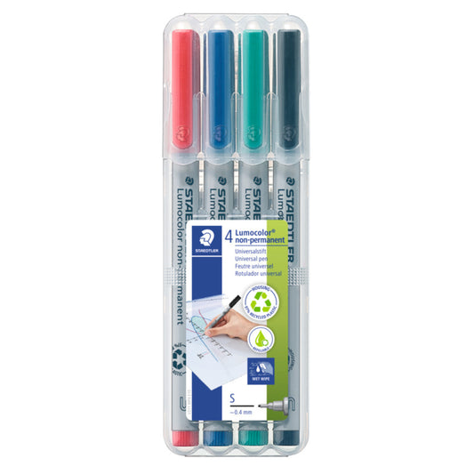 Marqueurs effaçables à l'eau non permanents Staedtler Lumocolor - Pointe ultra-fine - Couleurs assorties - Lot de 4