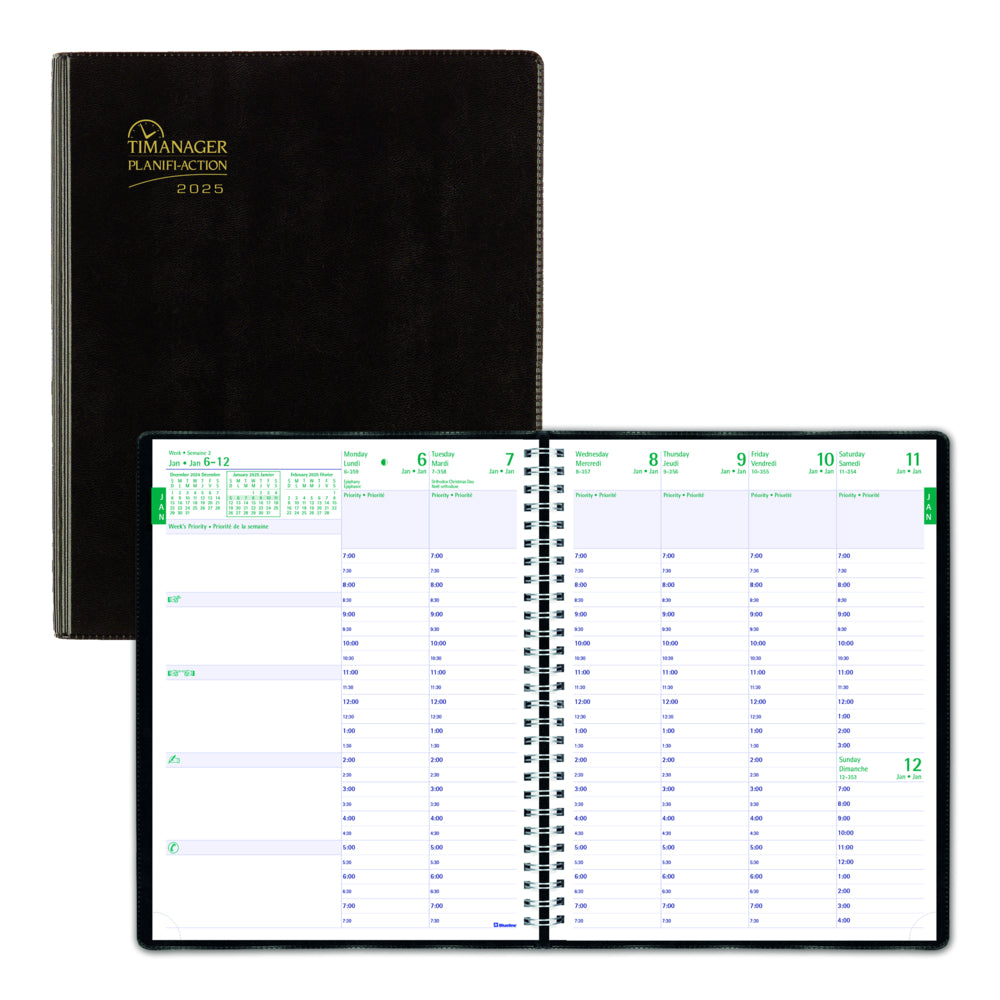 Blueline 2025 Timanager Weekly/Monthly Planner - 8 1/2" x 6 3/4" - Black - Bilingual