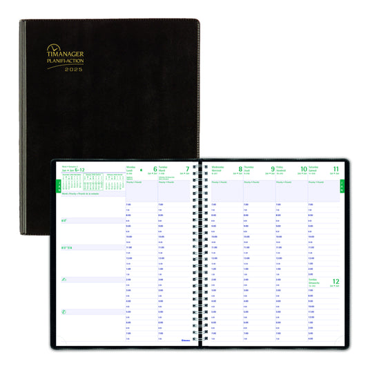Blueline 2025 Timanager Weekly/Monthly Planner - 8 1/2" x 6 3/4" - Black - Bilingual