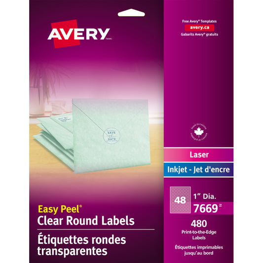 Avery Easy Peel Labels - 1" Round - Clear - 480 Labels