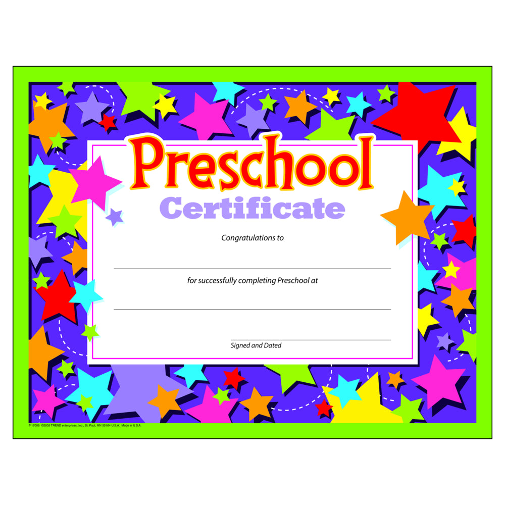 TREND enterprises Preschool Certificate PK-K Certificates & Diplomas - 8.5" H x 11" W - 30 pack
