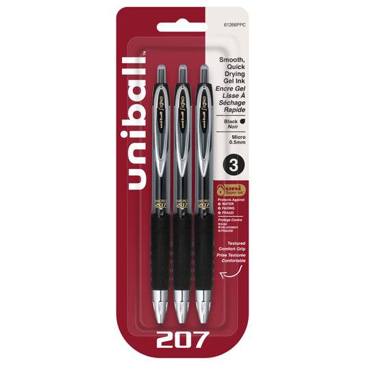 uni-ball 207 Retractable Gel Pens - Micro Point (0.5mm) - Black - 3 Pack