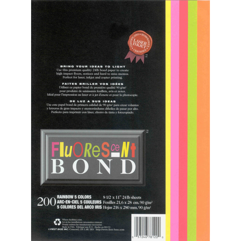 St. James Fluorescent Bond Rainbow Copy Paper - 24 lb. - 8.5" x 11" - Assorted Bright Colours - 200 Sheets