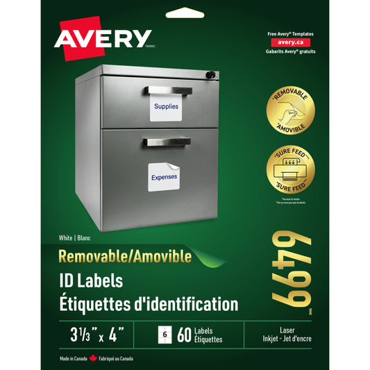 Étiquettes d'adresse amovibles blanches Avery pour imprimantes laser/jet d'encre, 10,2 cm x 8,9 cm, paquet de 60 (06499)