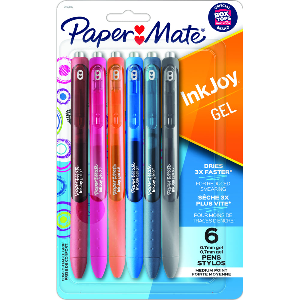 Stylos gel PaperMate InkJoy - 0,7 mm - Couleurs assorties - Lot de 6
