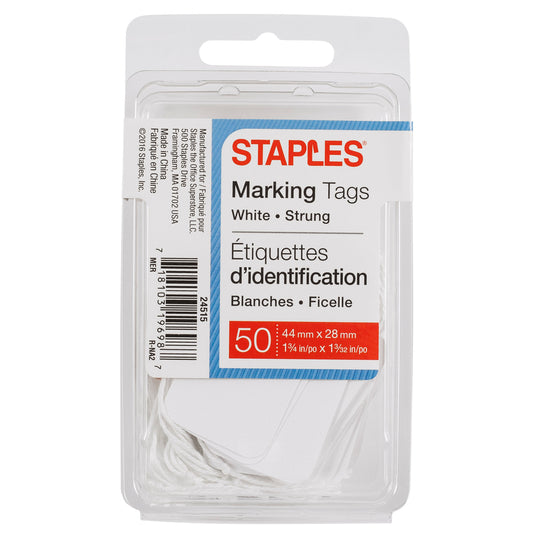Staples Retail Marking and Pricing Tags with String - 1-3/4" x 1-3/32" - White - 50 Pack