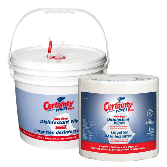 Lingettes désinfectantes Certainty Plus - Sans parfum - 20,3 x 15,2 cm - Rouleau de 800 lingettes avec seau