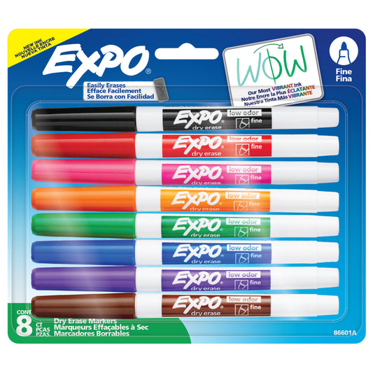 Marqueurs effaçables à sec Expo à faible odeur – Pointe fine – Couleurs assorties – Paquet de 8