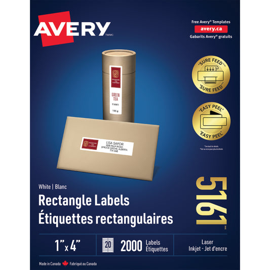 Étiquettes d'adresse blanches Avery Easy Peel pour imprimantes laser et jet d'encre, 4" x 1", paquet de 2 000 (5161)