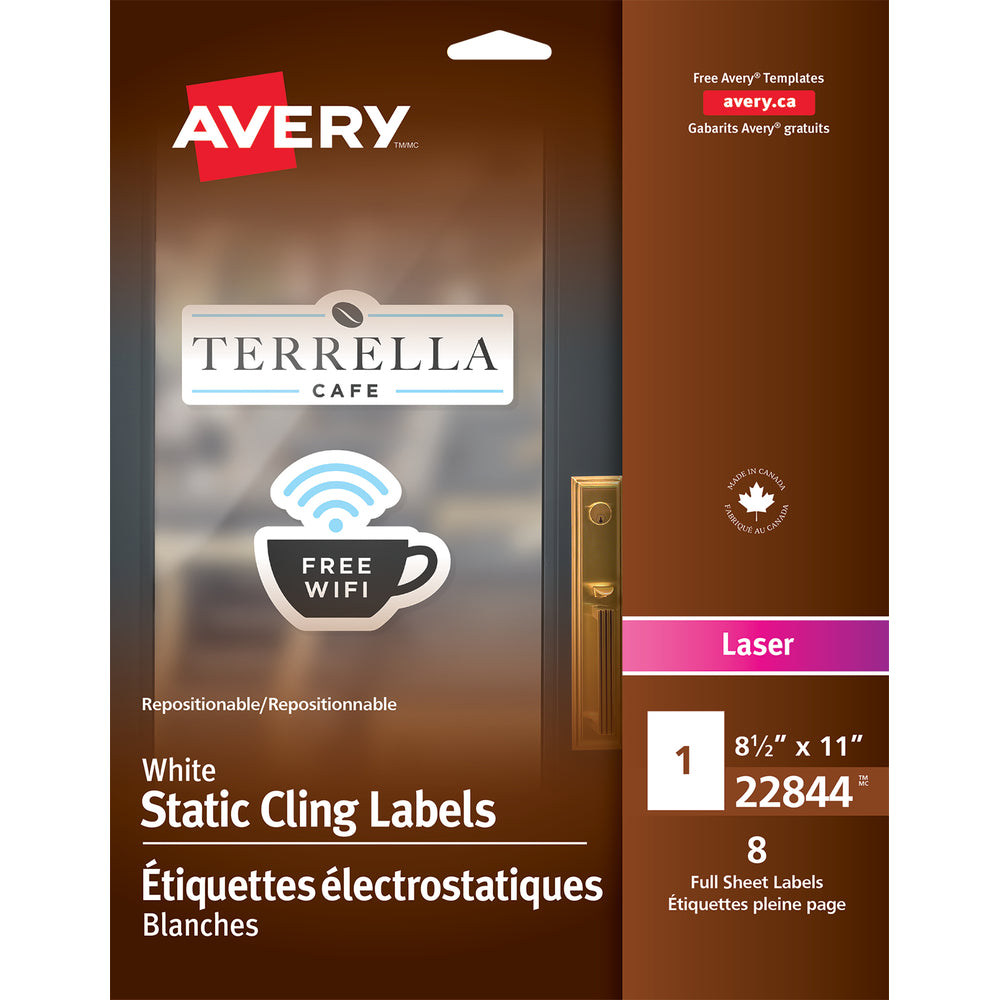 Étiquettes statiques repositionnables Avery - 8-1/2" x 11" - Blanc - 8 étiquettes