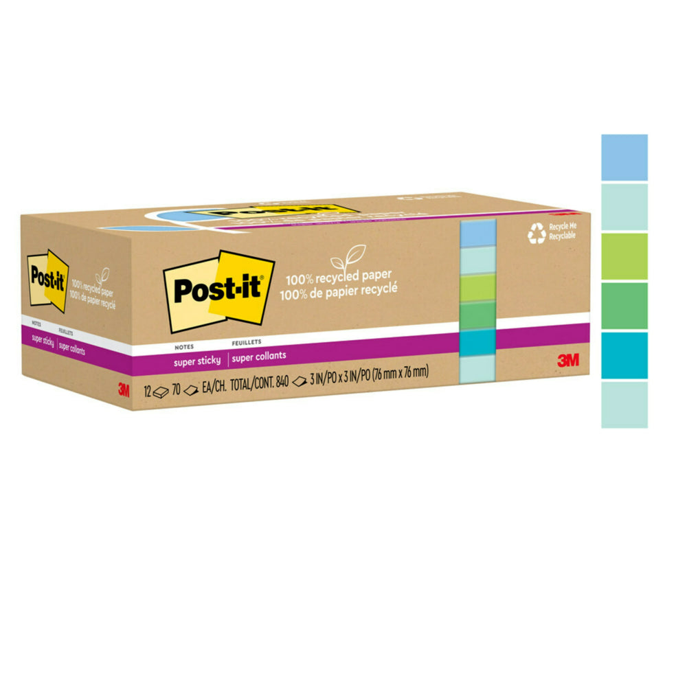 Post-it Recycled Paper Super Sticky Notes - 3" x 3" - Oasis Collection - 12 Pack