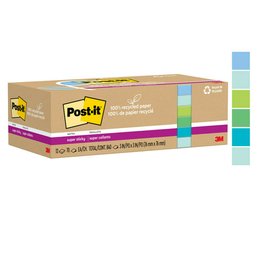 Post-it Recycled Paper Super Sticky Notes - 3" x 3" - Oasis Collection - 12 Pack