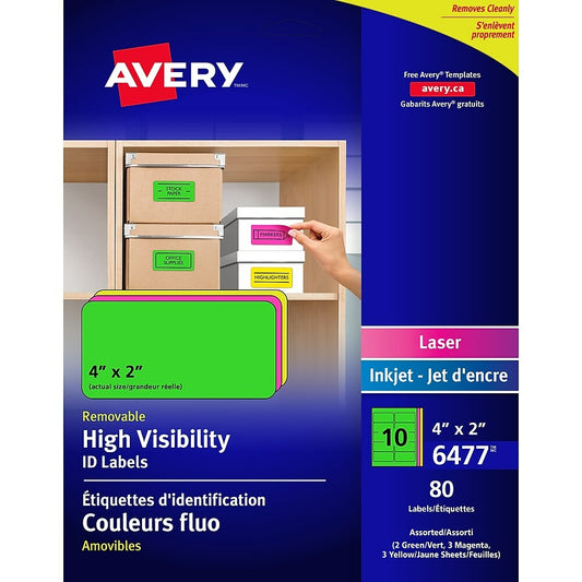 Avery Assorted Neon Laser/Inkjet Removable Multipurpose Labels, 2" x 4", 80 Pack (06477)