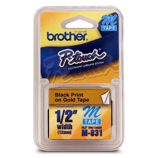 Ruban adhésif non laminé noir sur or Brother M831 authentique pour étiqueteuses P-touch, 12 mm de large x 8 m de long