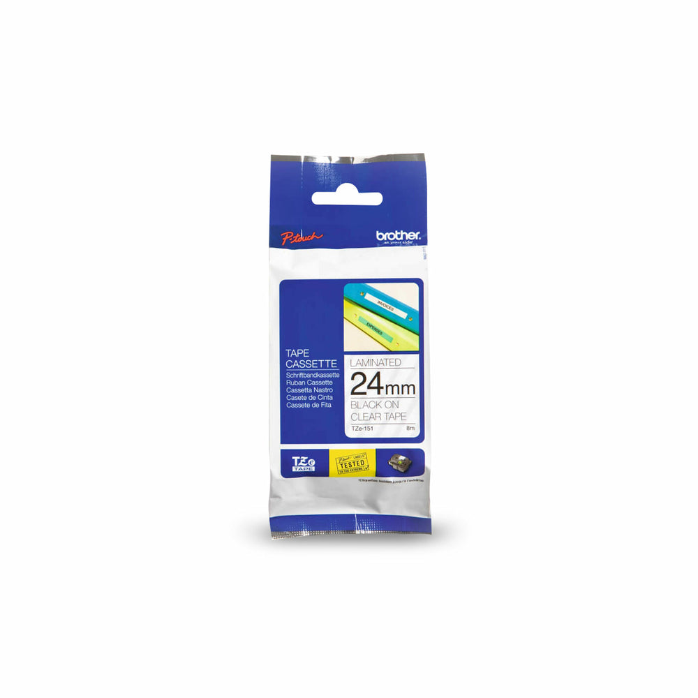 Ruban laminé noir sur transparent Brother TZe151 d'origine pour étiqueteuses P-touch, 24 mm de large x 8 m de long
