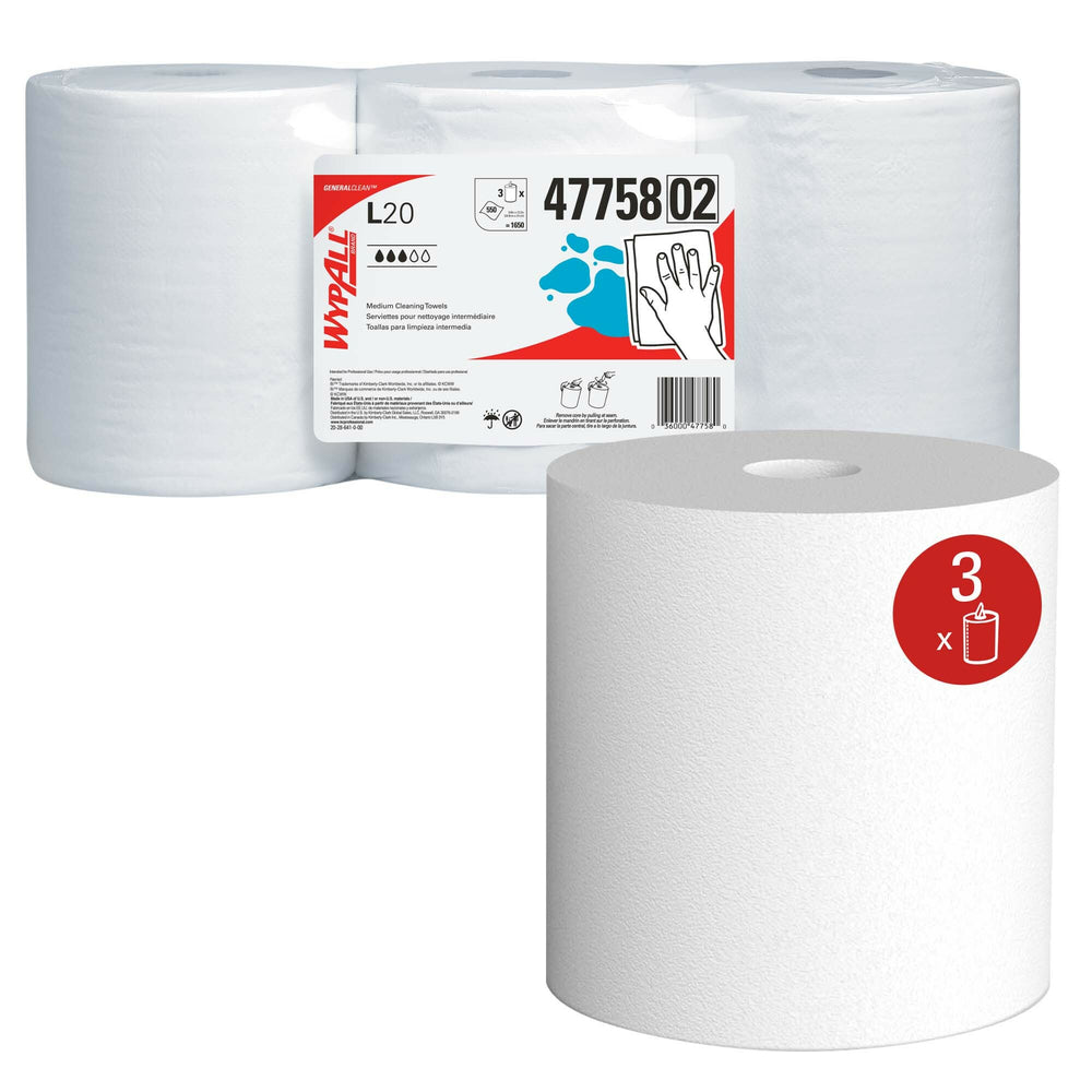 Chiffons de nettoyage WypAll General Clean L20 Medium (47758) - Rouleaux centraux - Blancs - 2 épaisseurs - 3 rouleaux de 550 lingettes par rouleau