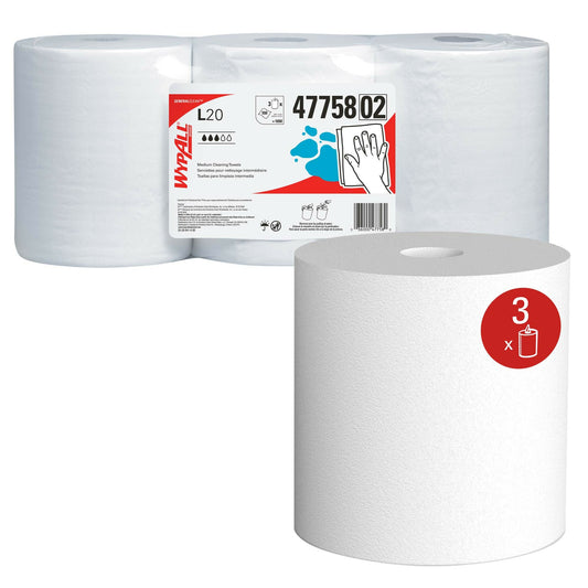 WypAll General Clean L20 Medium Cleaning Cloths (47758) - Center-Pull Rolls - White - 2-Ply - 3 Rolls of 550 Wipes per Roll