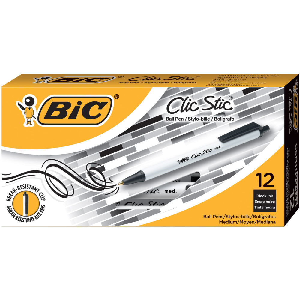 BIC Clic Stic Retractable Ball Point Pen - Medium Point (1.0mm) - Black - 12 Pack