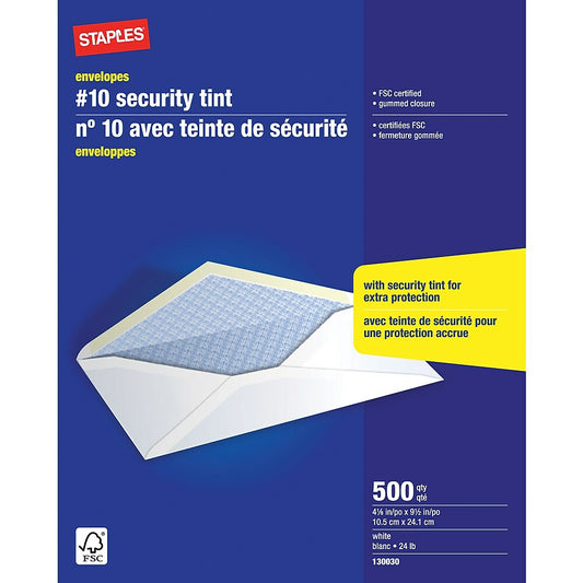 Staples #10 Security Envelopes with Gummed Flaps - 4-1/8" x 9-1/2" - White - 500 Pack