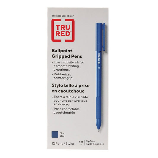 Stylo à bille TRU RED avec grip – Pointe moyenne – 1,0 mm – Bleu – Lot de 12