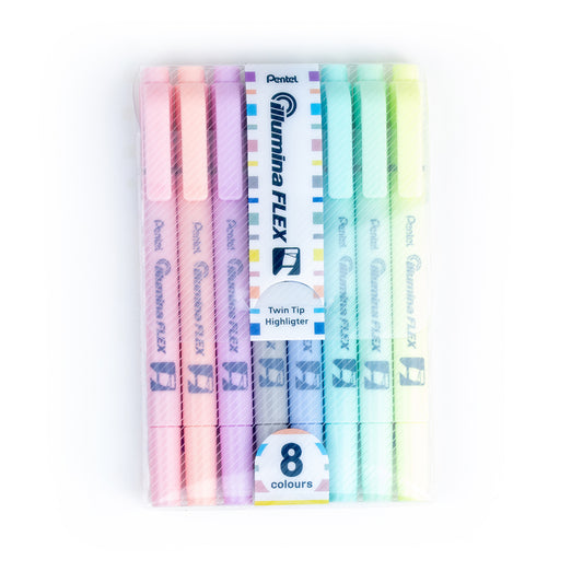 Pentel Illumina Flex Dual Tip Liquid Highlighters - Assorted Colours - 8 Pack