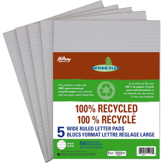 HilroyEnviro Plus Letter Size Writing Pads, White, 8mm Wide Ruled, 50 Sheets/Pad, 5 Pads/Pack