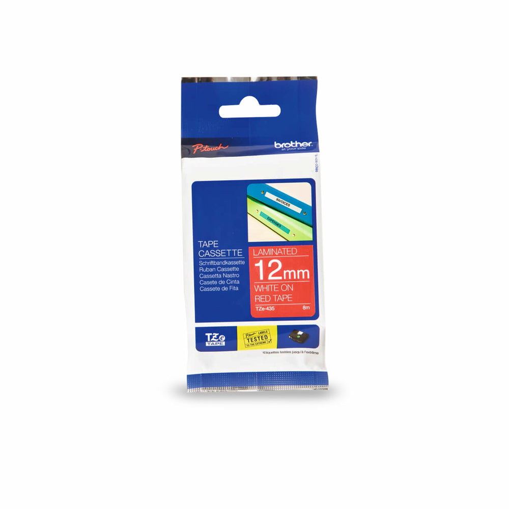Ruban laminé blanc sur rouge Brother TZe435 d'origine pour étiqueteuses P-touch, 12 mm de large x 8 m de long