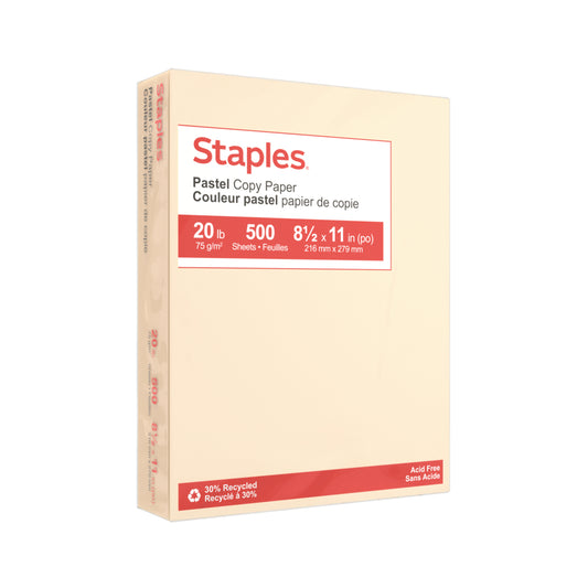 Papier photocopie Staples 30 % recyclé couleur pastel - Format lettre - 8-1/2" x 11" - Crème - 500 feuilles