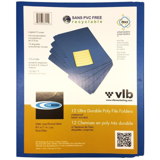 VLB Filemode Poly File Folder - 1/2 Cut Letter - Blue - 12 Pack