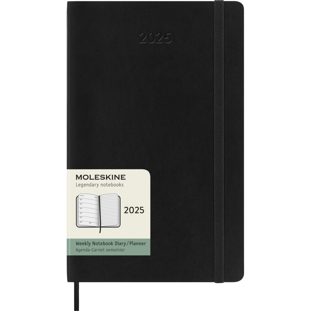Agenda semainier Moleskine 2025 à couverture souple, grand format, 12,7 x 21 cm, noir