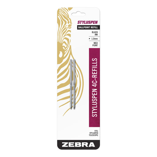 Recharges pour stylo à bille télescopique ZEBRA, pointe moyenne, 1,0 mm, encre noire, paquet de 2