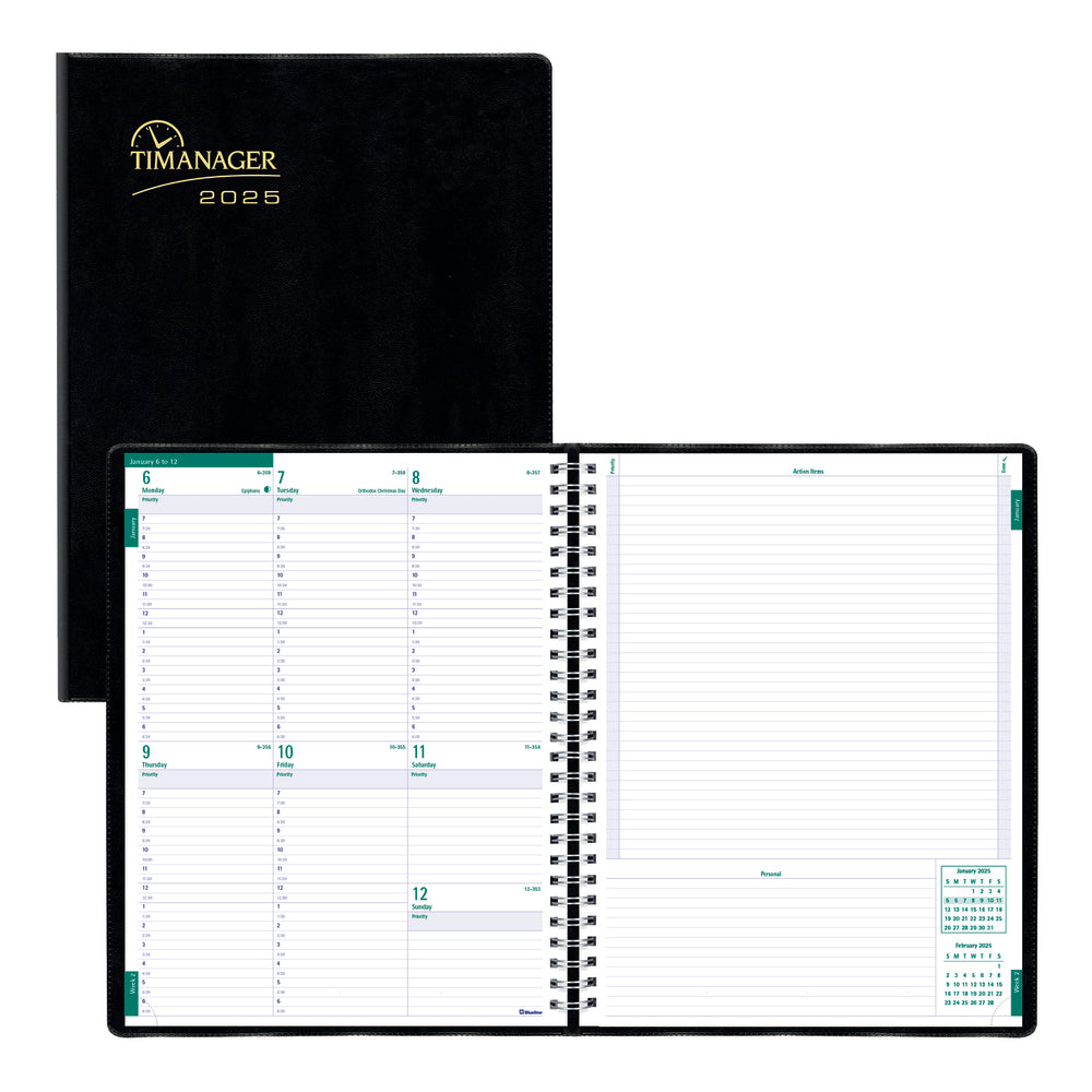 Blueline 2025 Timanager Weekly/Monthly Planner 13 Months - 11" x 8-1/2" - Black - English
