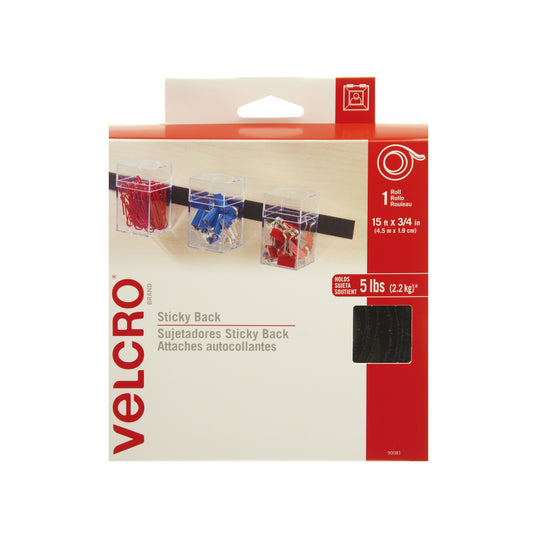 Ruban adhésif Velcro à usage général - 15 pi de 3/4 po à crochet et boucle - Noir