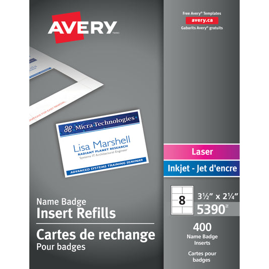 Cartes de recharge pour étiquettes nominatives Avery blanches pour imprimantes laser/jet d'encre, 8,9 cm x 5,4 cm, paquet de 400 (05390)