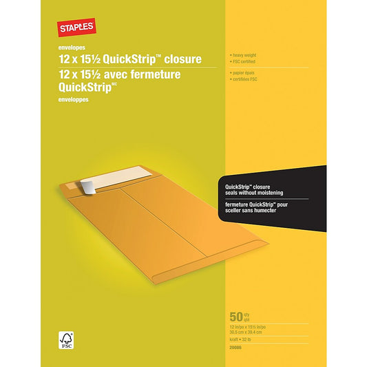 Staples Heavyweight Catalogue Envelopes with QuickStrip Flap - 12" x 15-1/2" - Kraft Brown - 50 Pack
