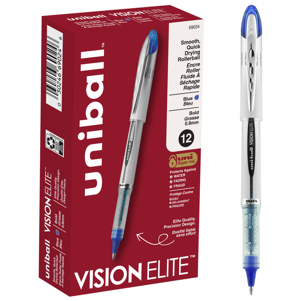uni-ball Vision Elite Rollerball Pens, Bold Point (0.8mm), Blue, 12 Pack
