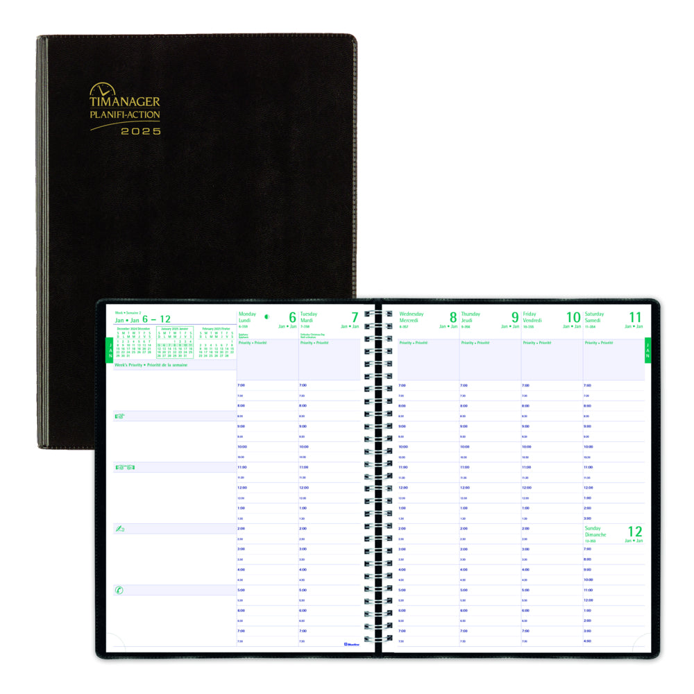 Blueline 2025 Timanager Weekly/Monthly Planner - 11" x 8-1/2" - Black - Bilingual